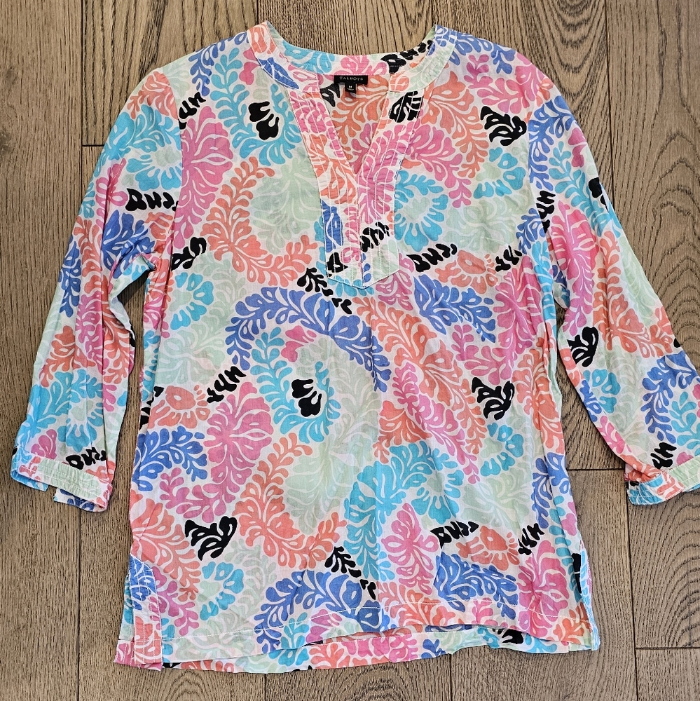 Talbots Popover Band Collar V Neck Tunic Size M Green Pink Blue